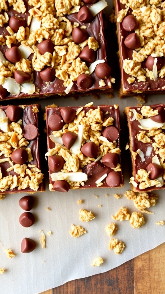 A tray of 7 layer bars with oatmeal crust, showing layers of chocolate, butterscotch, and coconut.